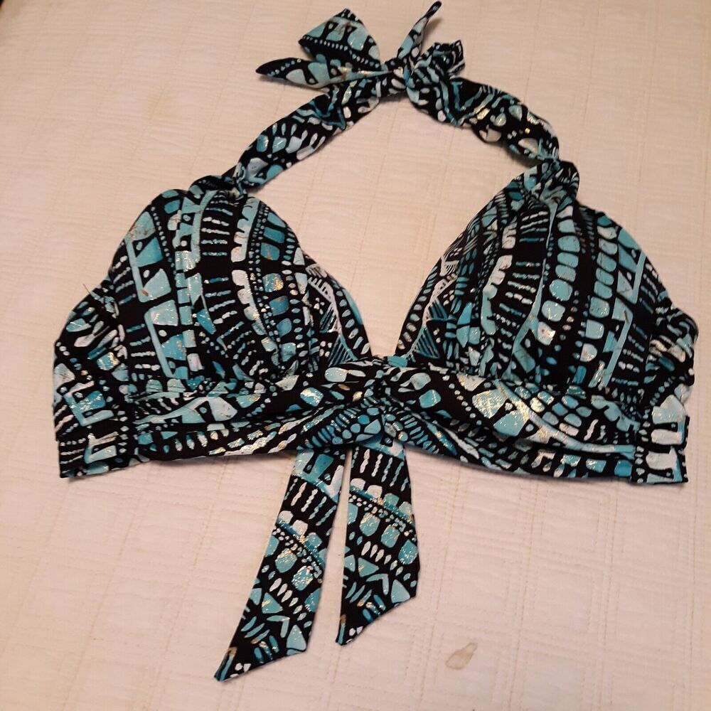 Kenneth Cole NY Swimsuit Bikini Top Size 34B/C Black,Turquoise, White, Gold LN